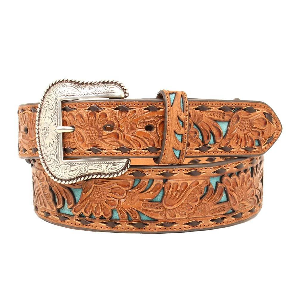 Mens Nocona Tapered Floral Belt With Turquoise Underlay 3 Mens Nocona Tapered Floral Belt With Turquoise Underlay