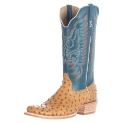 R Watson Boots Men's Antique Saddle Full Quill Ostrich 13in. Royal Blue Goat Top Boots