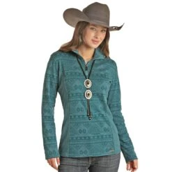 Women's Panhandle Teal Heather Aztec Knit Henley Pullover