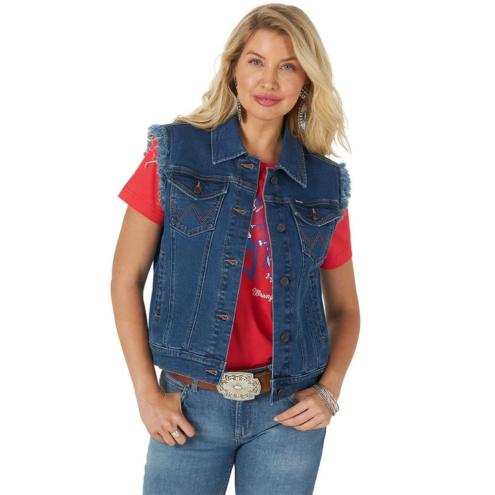 Wrangler Women's Medium Wash Distressed Denim Vest 3 Wrangler Women's Medium Wash Distressed Denim Vest