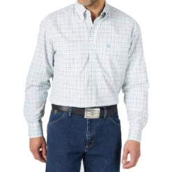 Wrangler Men's George Strait Sea Blue Plaid Two Pocket Buttondown