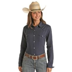 Panhandle Women's Rough Stock Navy Long Sleeve Snap Shirt