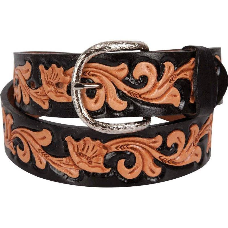 Double J Hand-Tooled Floral Black Dyed Belt 3 Double J Hand-Tooled Floral Black Dyed Belt