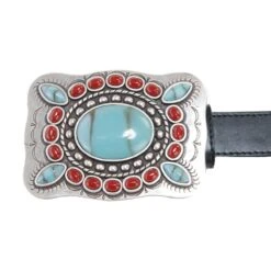 3-D Black Belt With Turquoise And Red Conchos -Western Cowboy Store A908 2